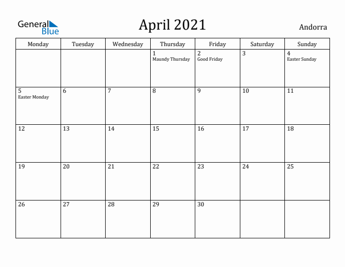 April 2021 Calendar Andorra