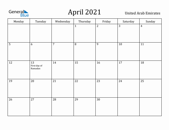 April 2021 Calendar United Arab Emirates
