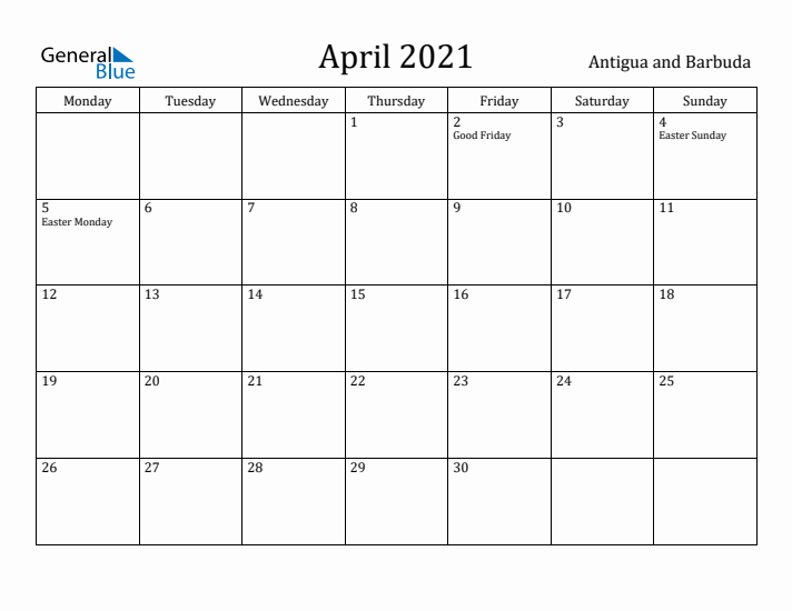 April 2021 Calendar Antigua and Barbuda