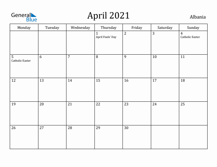 April 2021 Calendar Albania