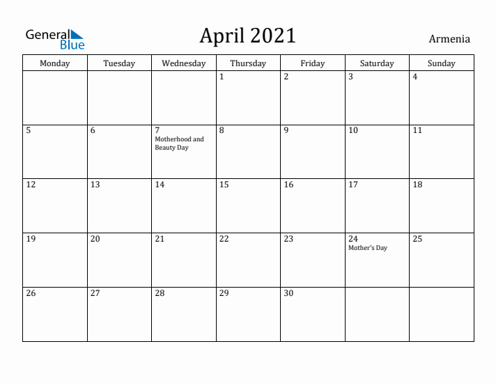 April 2021 Calendar Armenia