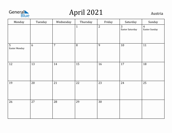 April 2021 Calendar Austria