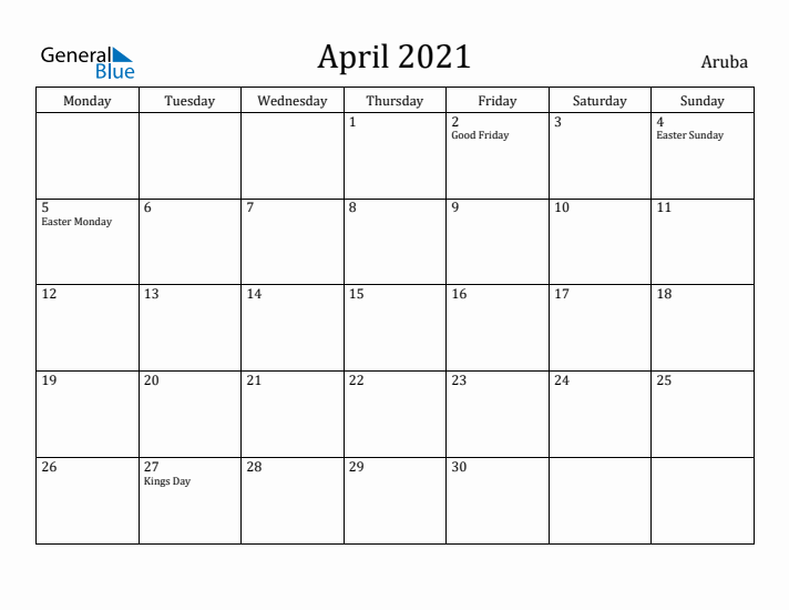 April 2021 Calendar Aruba