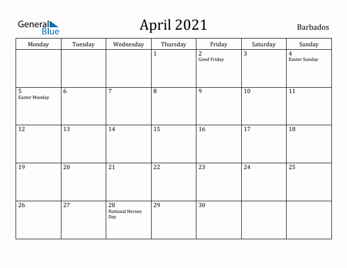 April 2021 Calendar Barbados
