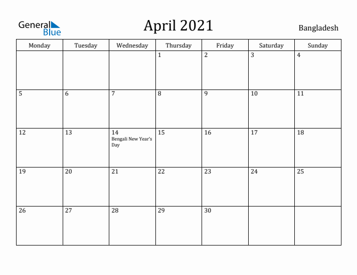 April 2021 Calendar Bangladesh