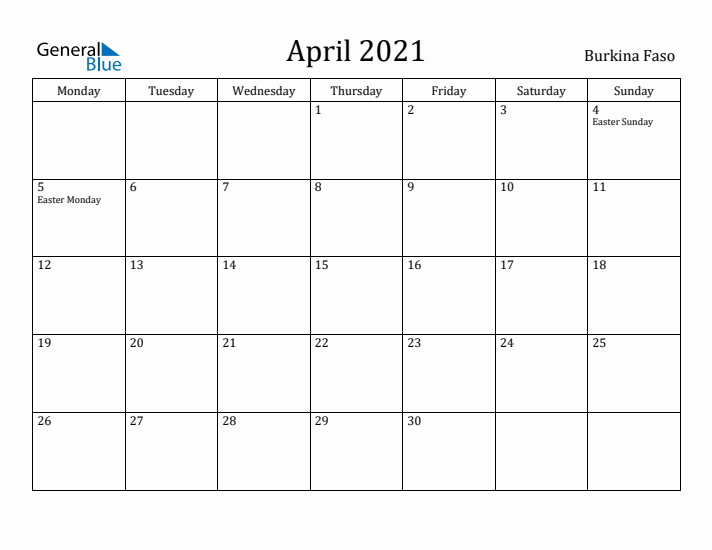 April 2021 Calendar Burkina Faso