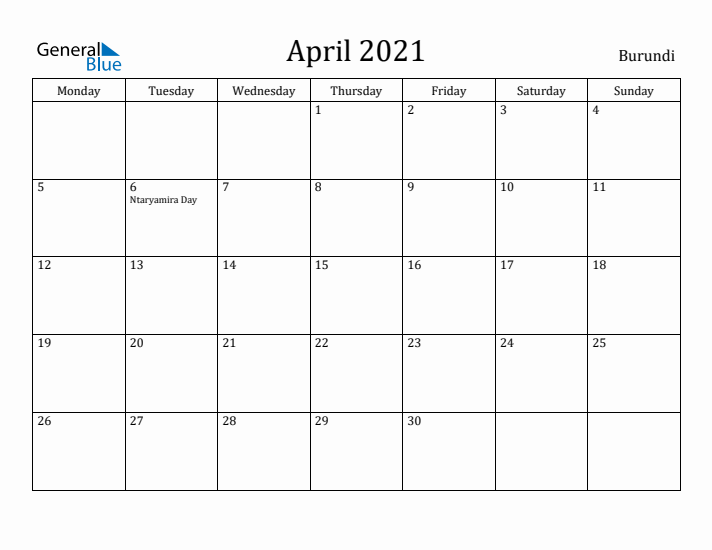 April 2021 Calendar Burundi