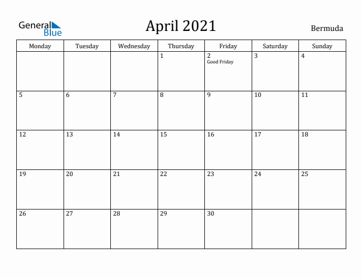 April 2021 Calendar Bermuda