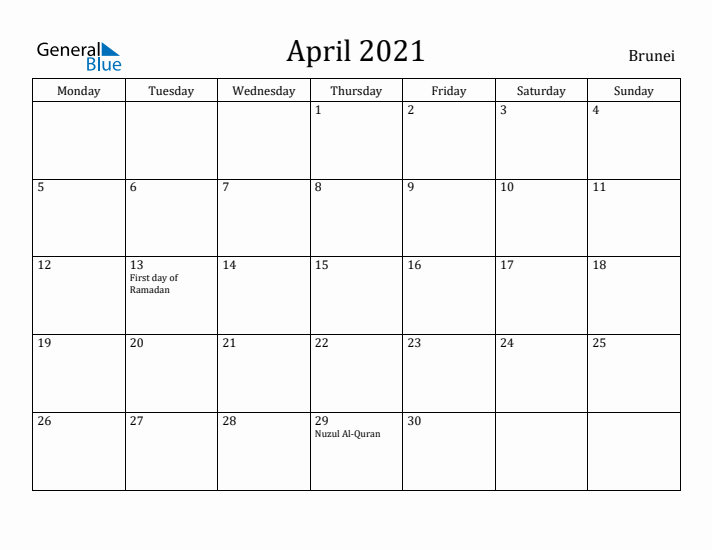 April 2021 Calendar Brunei