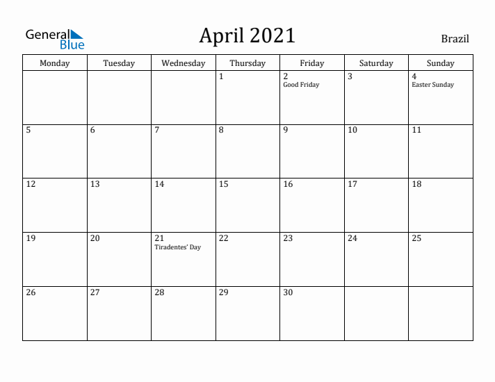 April 2021 Calendar Brazil