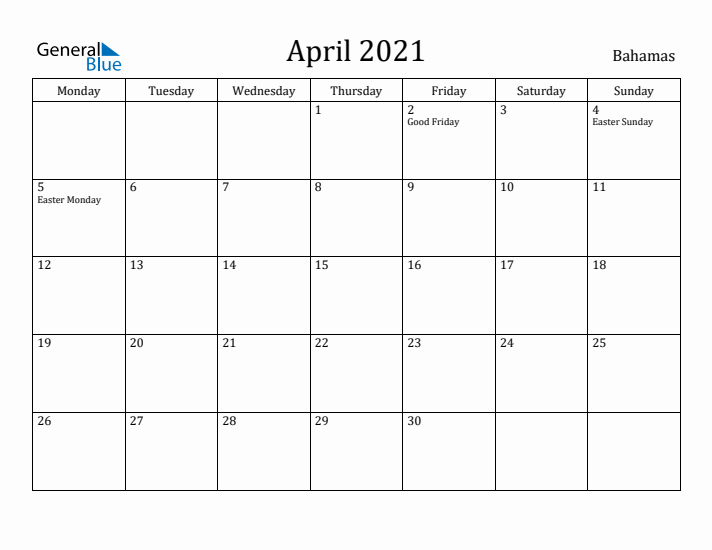 April 2021 Calendar Bahamas