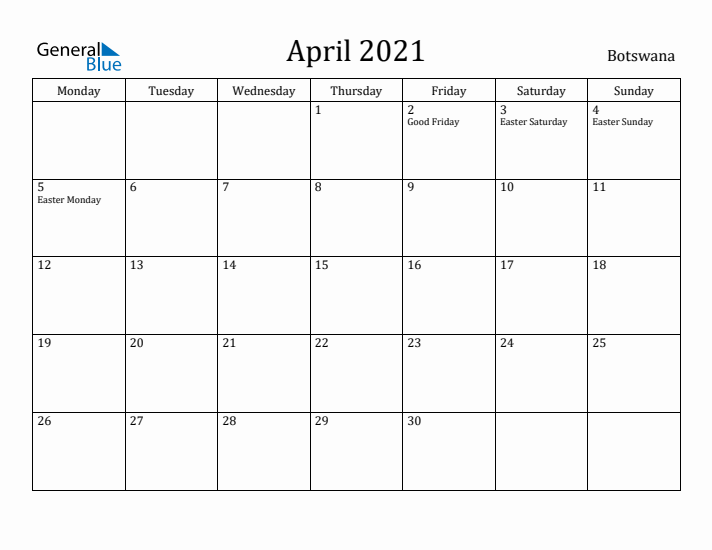 April 2021 Calendar Botswana