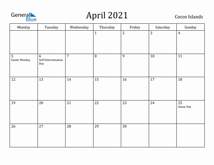 April 2021 Calendar Cocos Islands