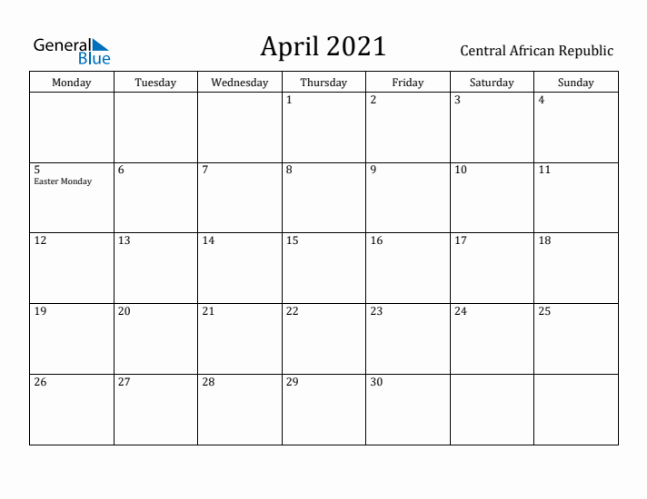 April 2021 Calendar Central African Republic