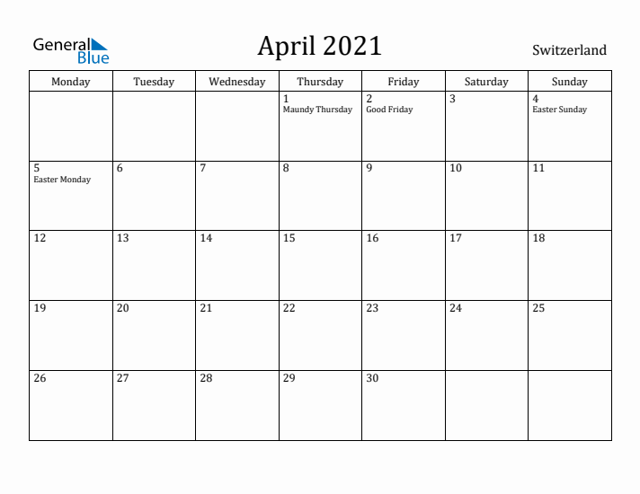 April 2021 Calendar Switzerland