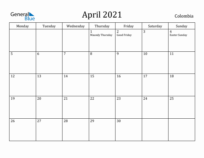April 2021 Calendar Colombia
