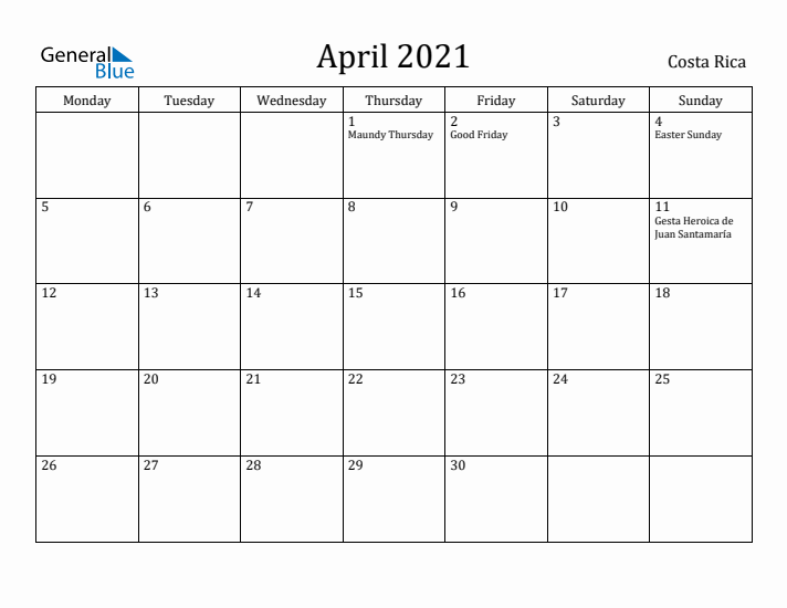 April 2021 Calendar Costa Rica