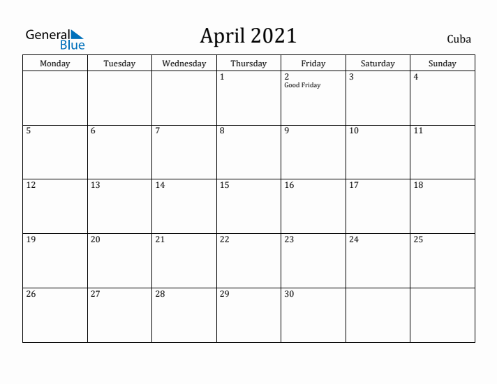 April 2021 Calendar Cuba