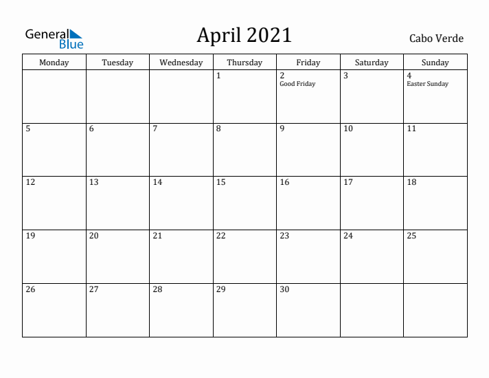 April 2021 Calendar Cabo Verde