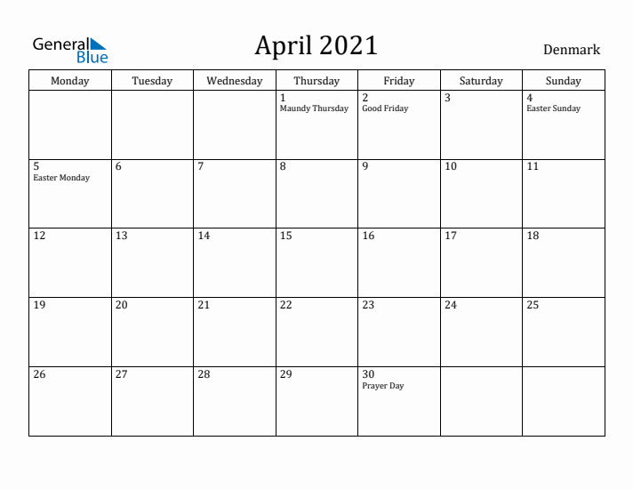 April 2021 Calendar Denmark