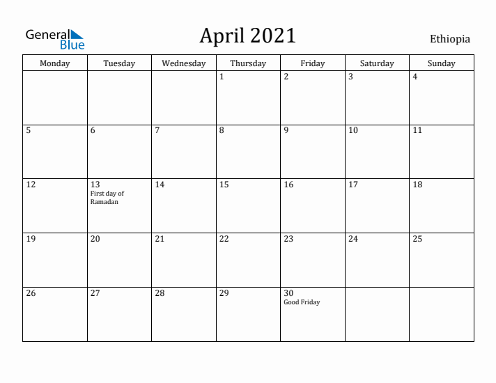 April 2021 Calendar Ethiopia