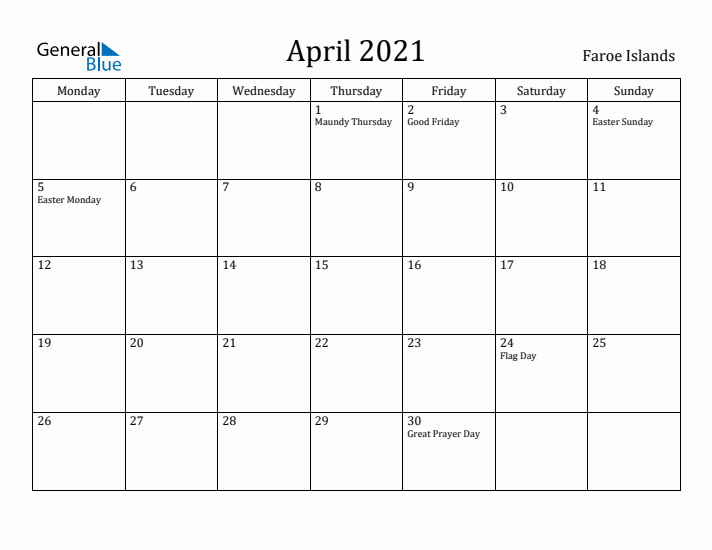 April 2021 Calendar Faroe Islands