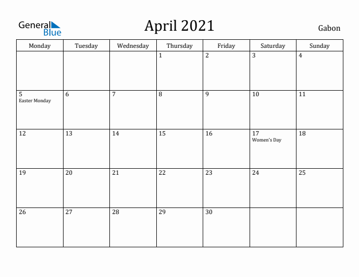 April 2021 Calendar Gabon