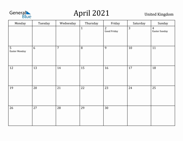 April 2021 Calendar United Kingdom