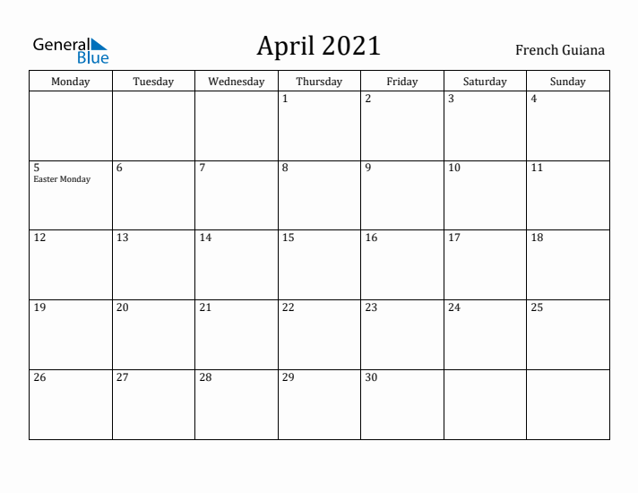 April 2021 Calendar French Guiana