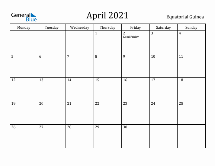 April 2021 Calendar Equatorial Guinea