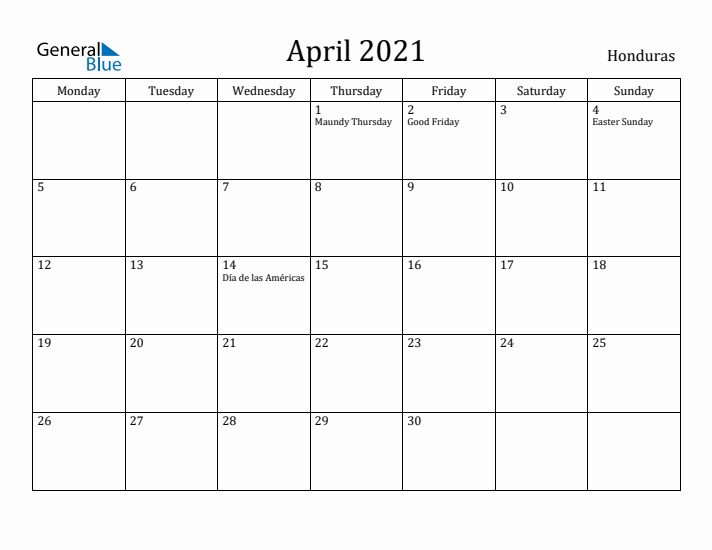 April 2021 Calendar Honduras