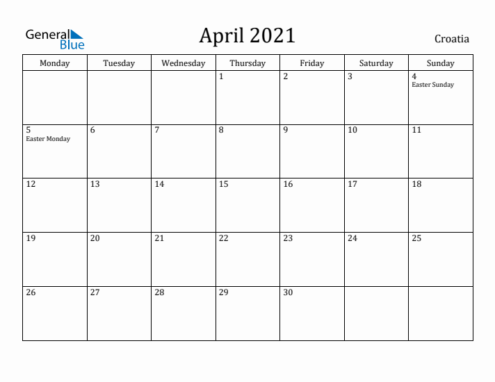 April 2021 Calendar Croatia