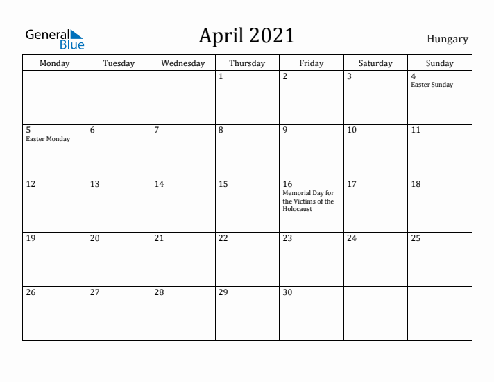April 2021 Calendar Hungary