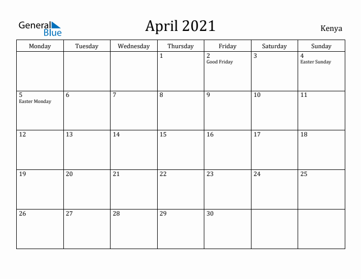April 2021 Calendar Kenya