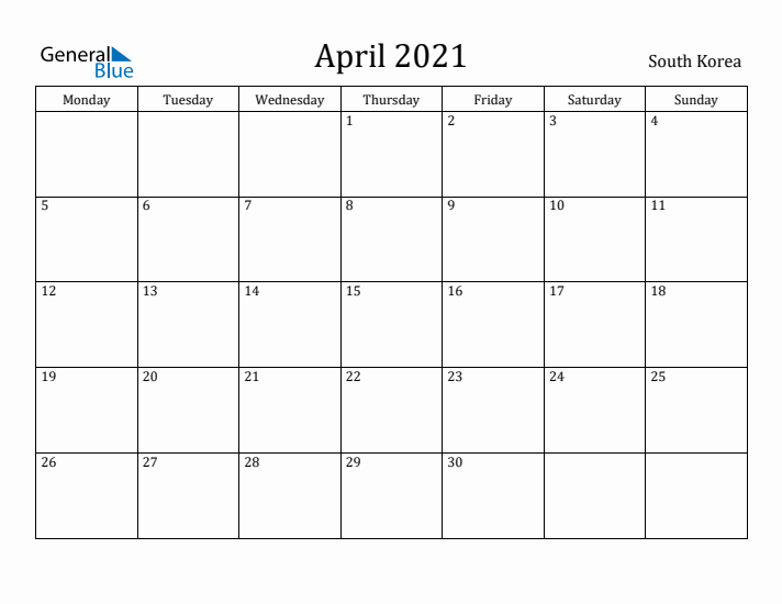 April 2021 Calendar South Korea