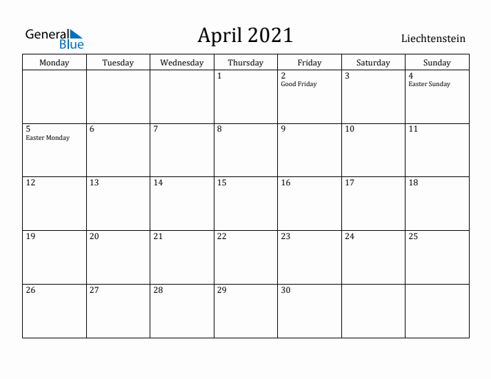 April 2021 Calendar Liechtenstein