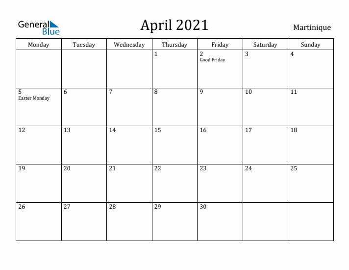April 2021 Calendar Martinique