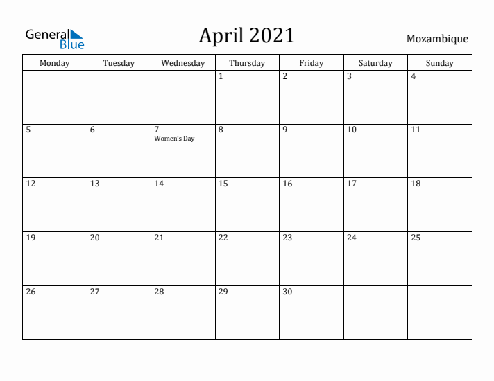 April 2021 Calendar Mozambique