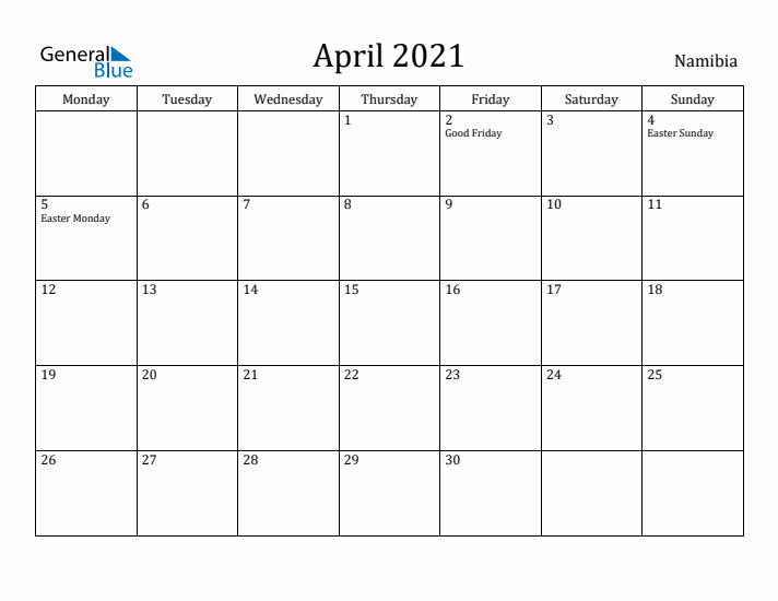 April 2021 Calendar Namibia