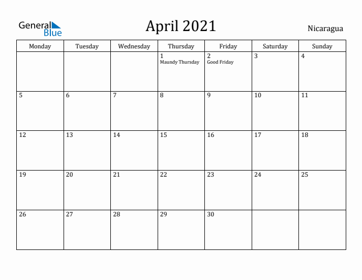 April 2021 Calendar Nicaragua