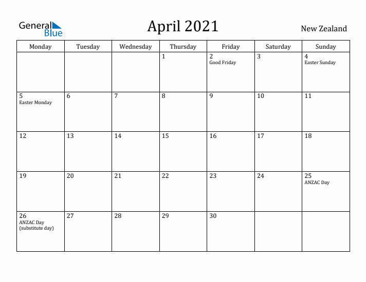 April 2021 Calendar New Zealand