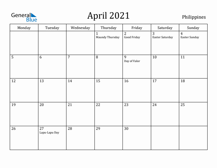April 2021 Calendar Philippines