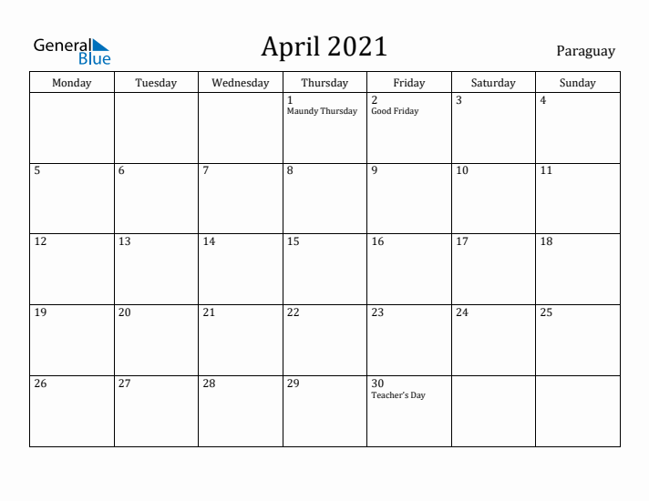 April 2021 Calendar Paraguay