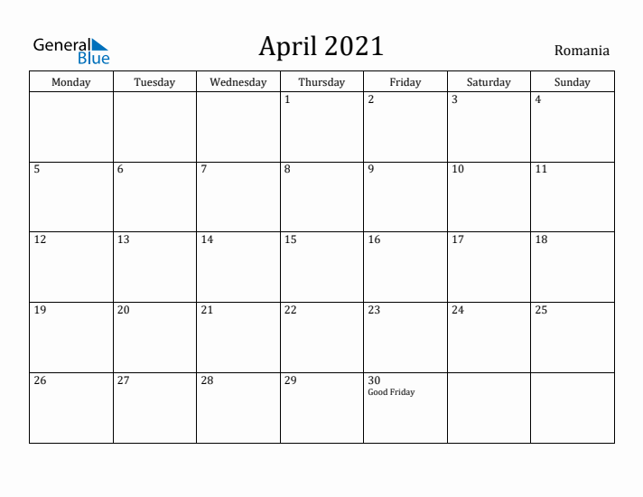 April 2021 Calendar Romania