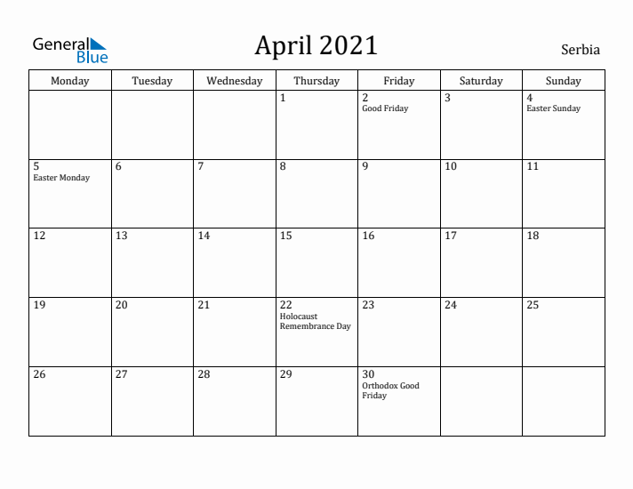 April 2021 Calendar Serbia