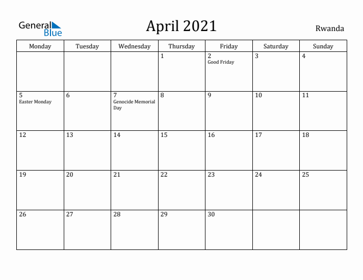 April 2021 Calendar Rwanda