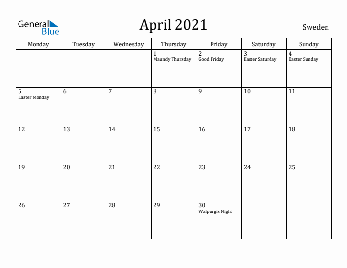 April 2021 Calendar Sweden
