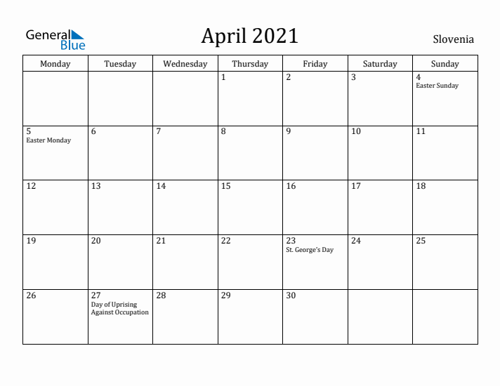 April 2021 Calendar Slovenia