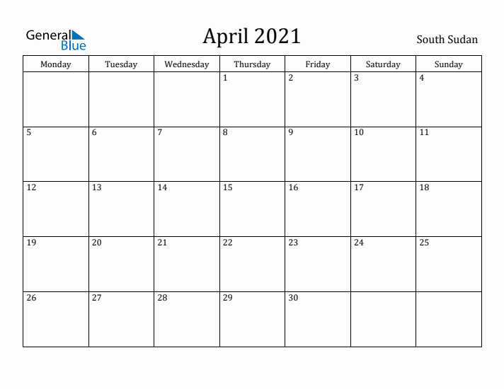 April 2021 Calendar South Sudan