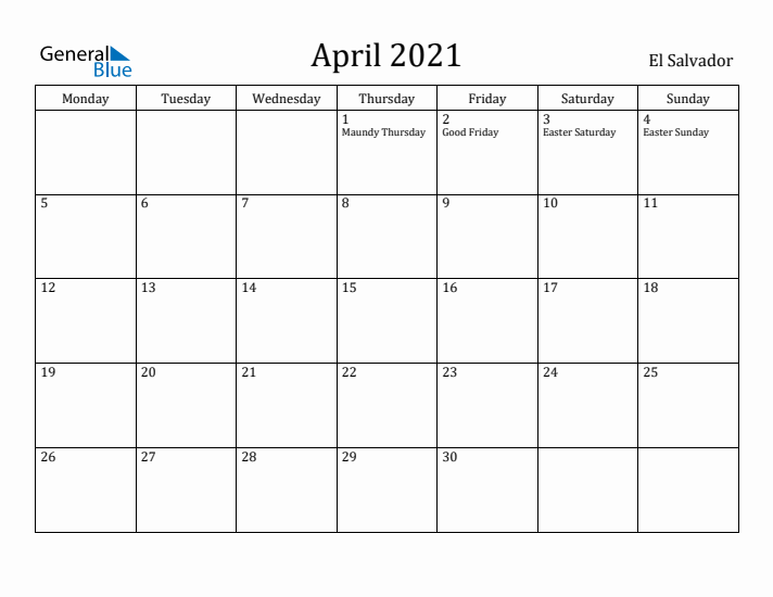 April 2021 Calendar El Salvador